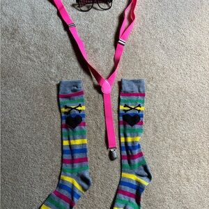 Colorful Striped Socks and Pink Suspenders Set Halloween